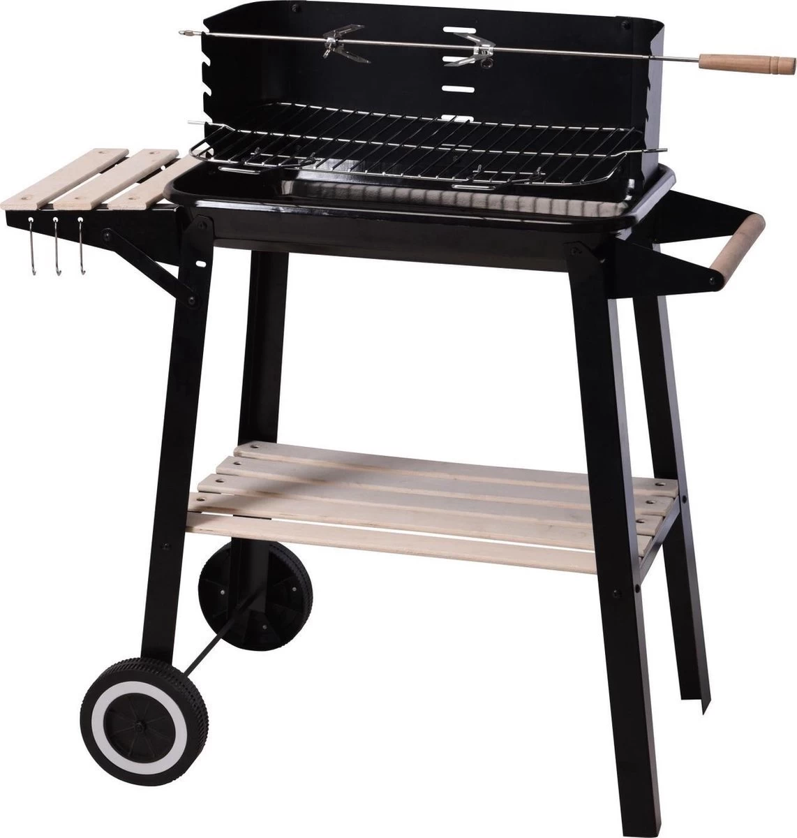 Verrijdbare Barbecue – Houtskool/Briketten - Verstelbare Grillplaat – Houten Tafel – Winscherm – Gewicht 5.9kg
