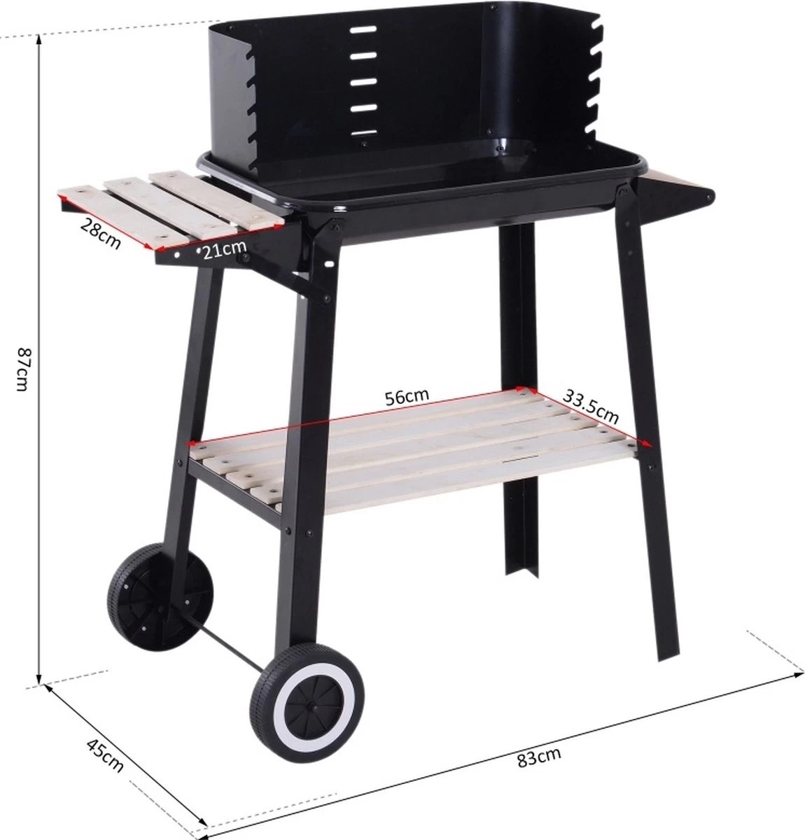 Verrijdbare Barbecue – Houtskool/Briketten - Verstelbare Grillplaat – Houten Tafel – Winscherm – Gewicht 5.9kg - Afbeelding 9