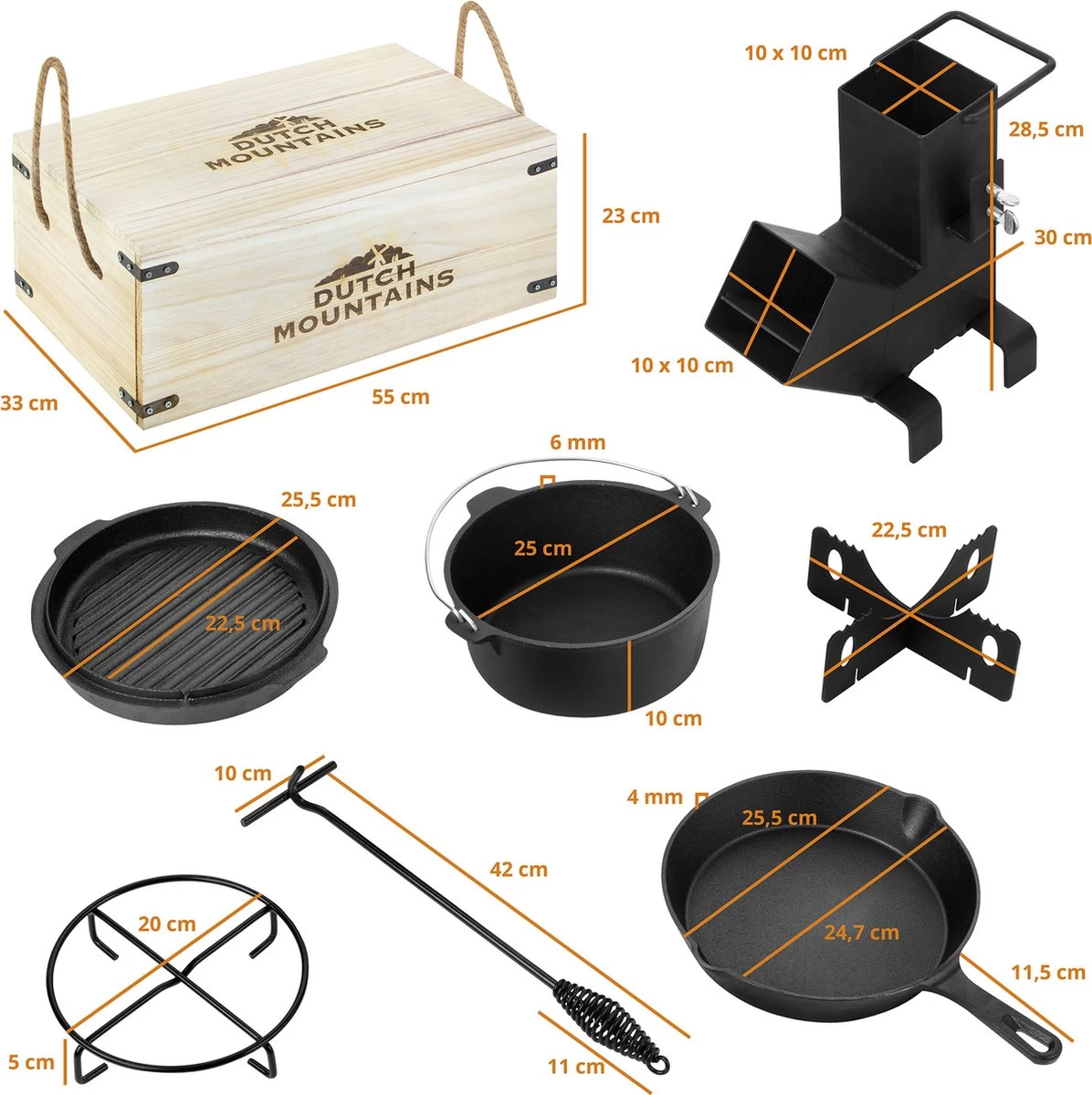 Dutch Mountains Gietijzeren Pannenset 7-delig - Dutch Oven – Braadpan - Grillpan - Hapjespan - Kookset In Houten Transportkist - Deksellifter - Brander - Afbeelding 2