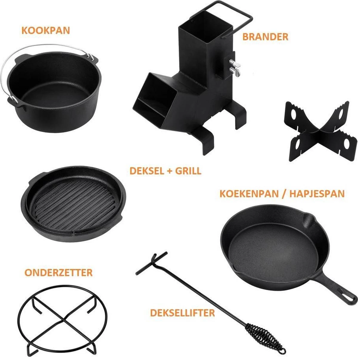 Dutch Mountains Gietijzeren Pannenset 7-delig - Dutch Oven – Braadpan - Grillpan - Hapjespan - Kookset In Houten Transportkist - Deksellifter - Brander - Afbeelding 4