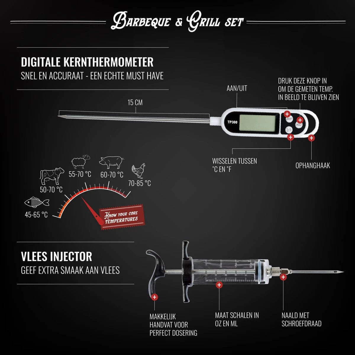Mountain Jack® 40-Delige Luxe BBQ Grill Accessoires Set In Roestvrij Staal – Barbecue Gereedschap – Tangenset, Vlees Thermometer, Vleestang, Borstel, Spiezen, Vleesmes, Vleesvork - Afbeelding 6