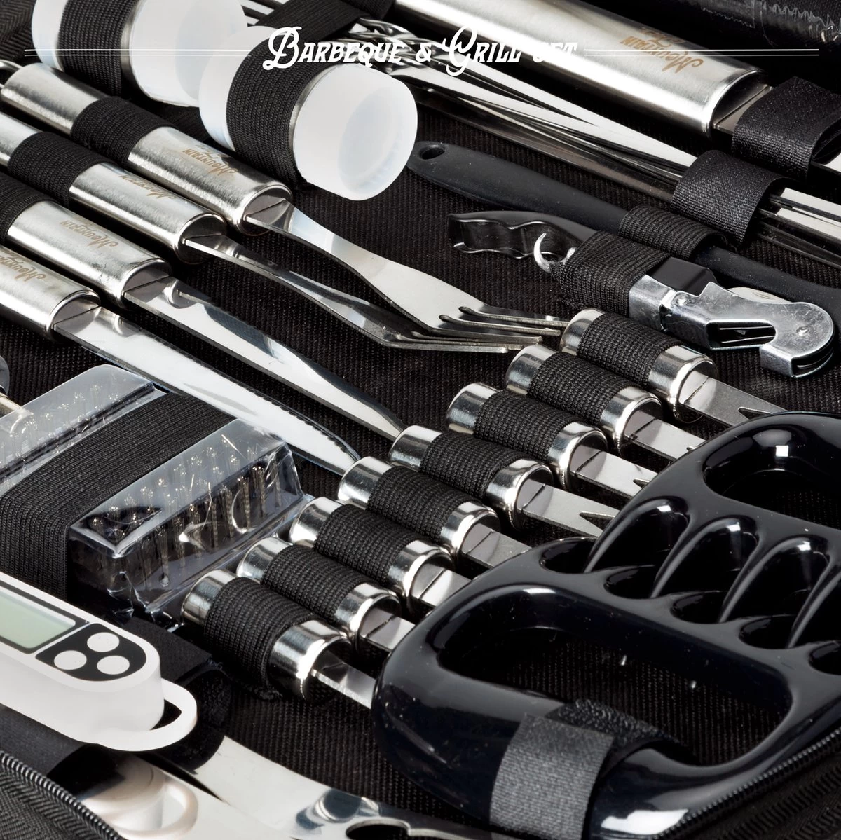 Mountain Jack® 40-Delige Luxe BBQ Grill Accessoires Set In Roestvrij Staal – Barbecue Gereedschap – Tangenset, Vlees Thermometer, Vleestang, Borstel, Spiezen, Vleesmes, Vleesvork - Afbeelding 8