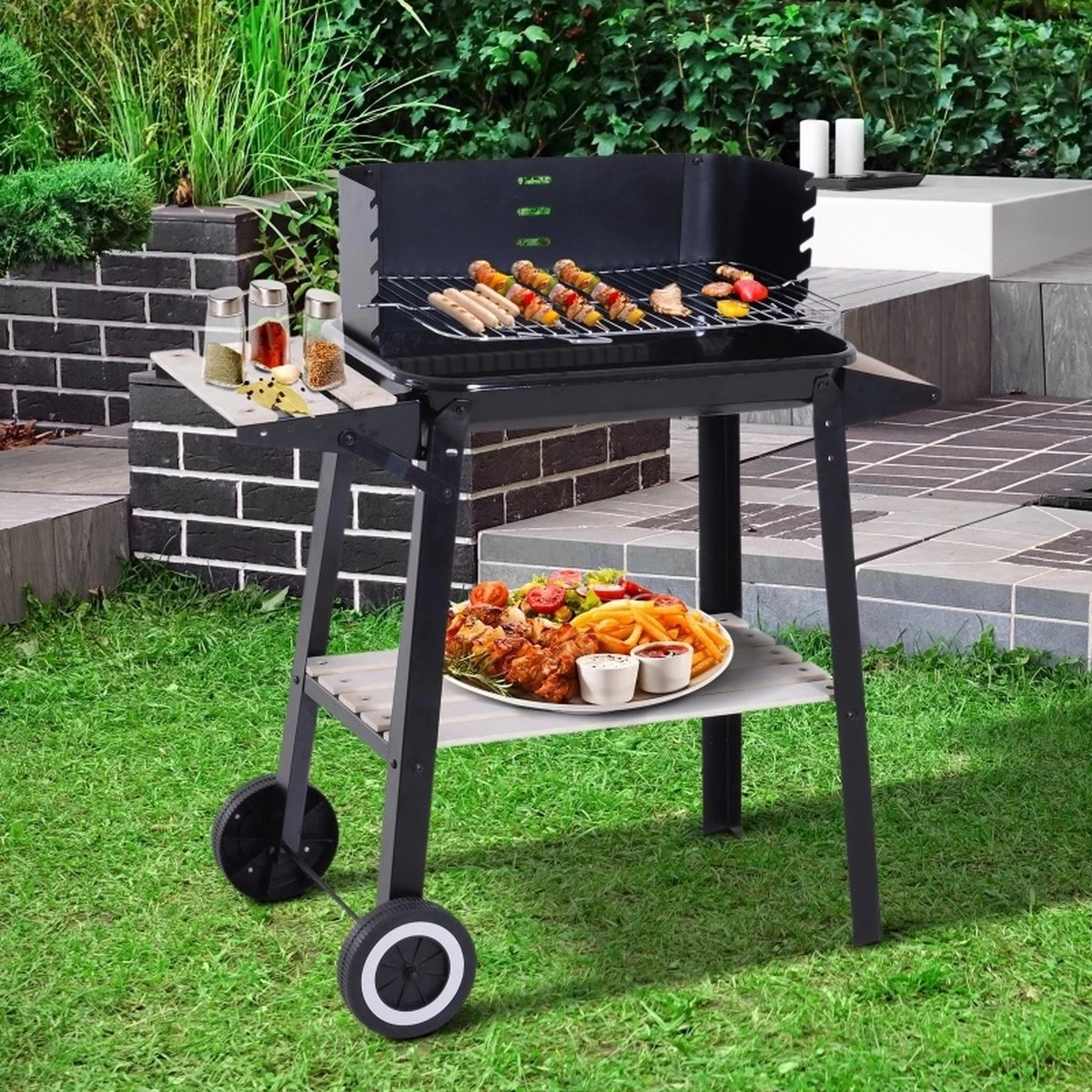 Verrijdbare Barbecue – Houtskool/Briketten - Verstelbare Grillplaat – Houten Tafel – Winscherm – Gewicht 5.9kg - Afbeelding 8