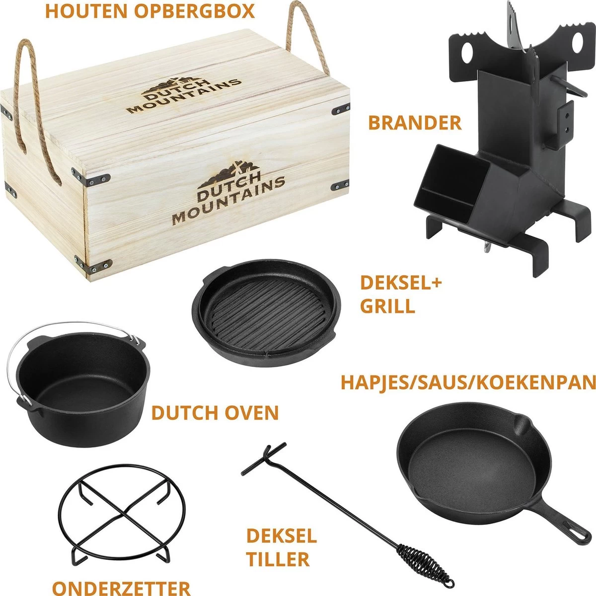 Dutch Mountains Gietijzeren Pannenset 7-delig - Dutch Oven – Braadpan - Grillpan - Hapjespan - Kookset In Houten Transportkist - Deksellifter - Brander - Afbeelding 6