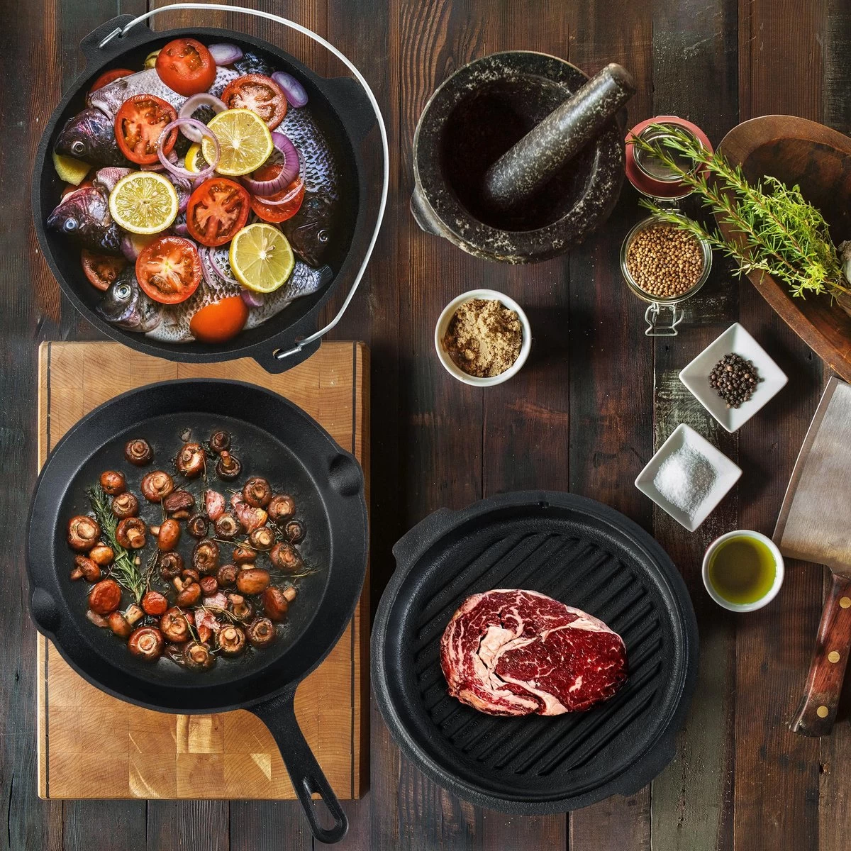 Dutch Mountains Gietijzeren Pannenset 7-delig - Dutch Oven – Braadpan - Grillpan - Hapjespan - Kookset In Houten Transportkist - Deksellifter - Brander - Afbeelding 8