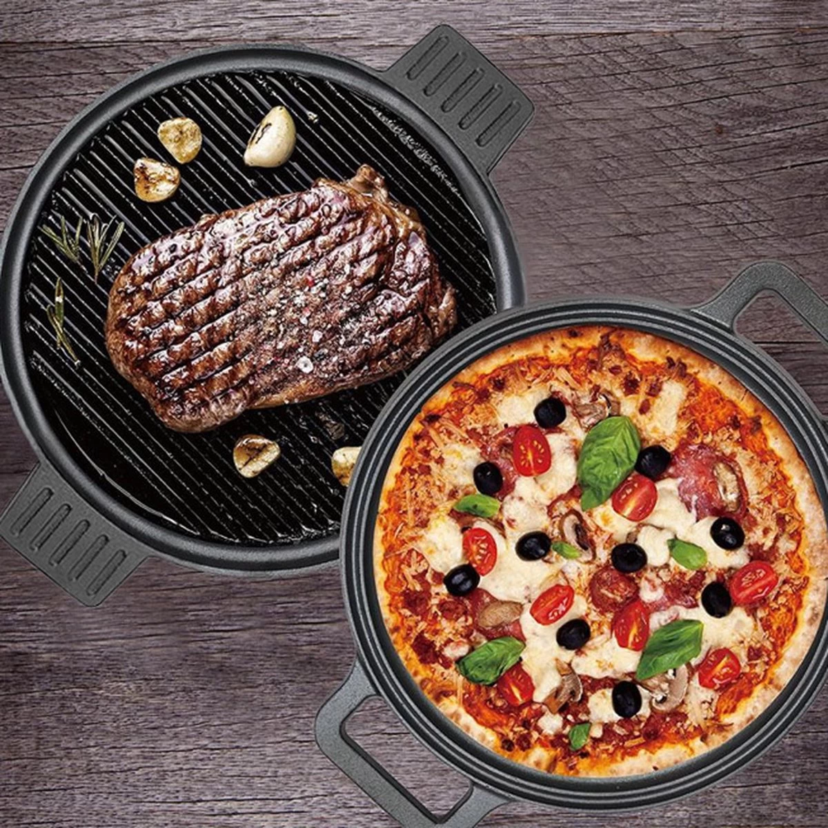 Chefs Cuisine Gietijzeren Grillpan - Grillpan Gietijzer - Gietijzer Bbq Grillpan - Gietijzeren Grillplaat - Pizzasteen - Plancha Gietijzer - Gietijzeren Bakplaat - Rond 36 Cm - Dubbelzijdig - Afbeelding 2