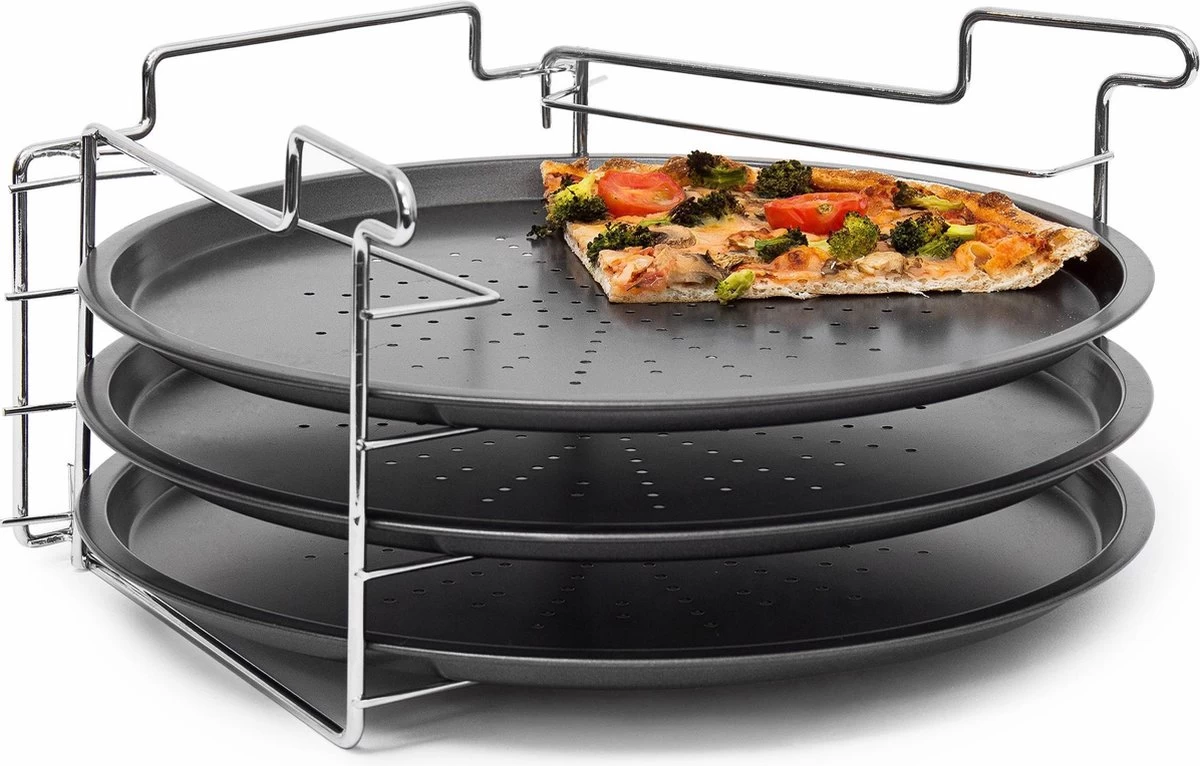 Relaxdays 3 Pizaplaten Met Pizzarek, Pizza Bakplaat Rond 33 Cm, Pizzaplaat 3stuk